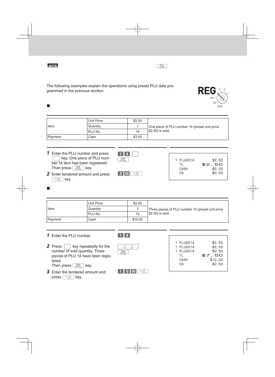 Registering plus’ preset data, Single item sales using plu, Plu repeat registration | Casio PCR-T500 User Manual | Page 32 / 102