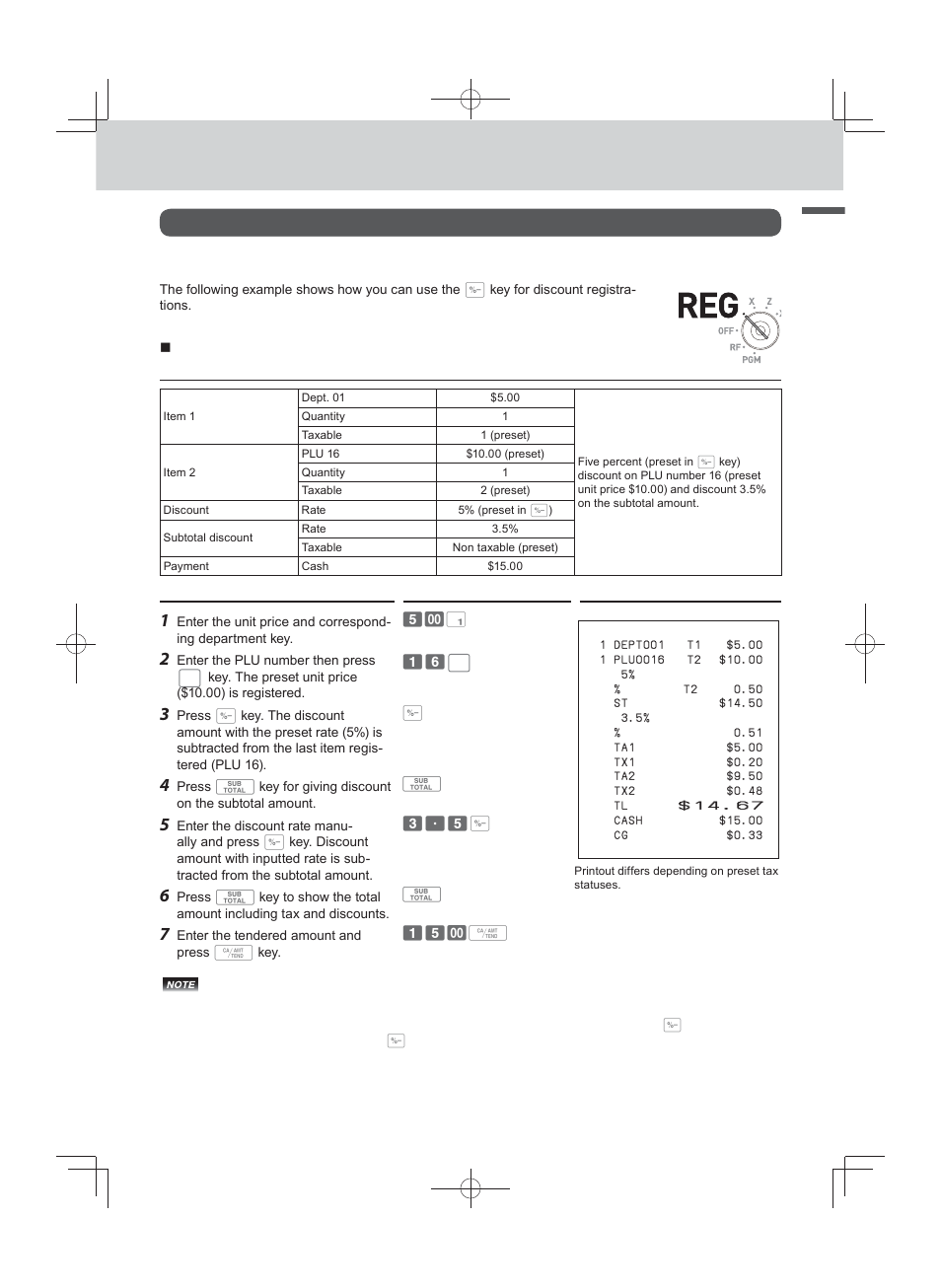 Ba sic func tion, Discount, Other registrations | Discounts on items and subtotals | Casio PCR-T500 User Manual | Page 35 / 102