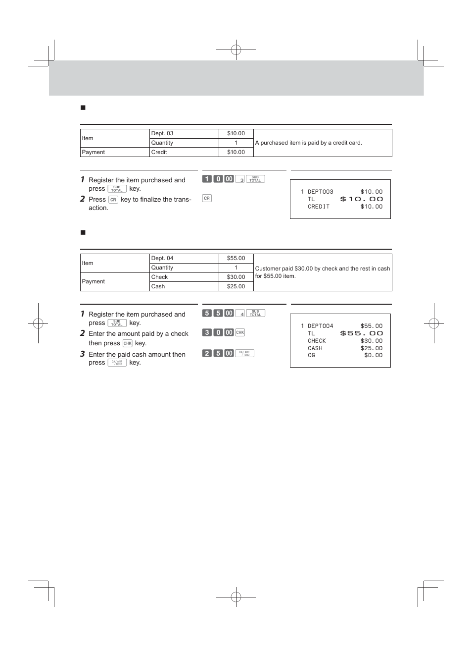 Credit sale, Mixed payments (cash and check) | Casio PCR-T500 User Manual | Page 38 / 102