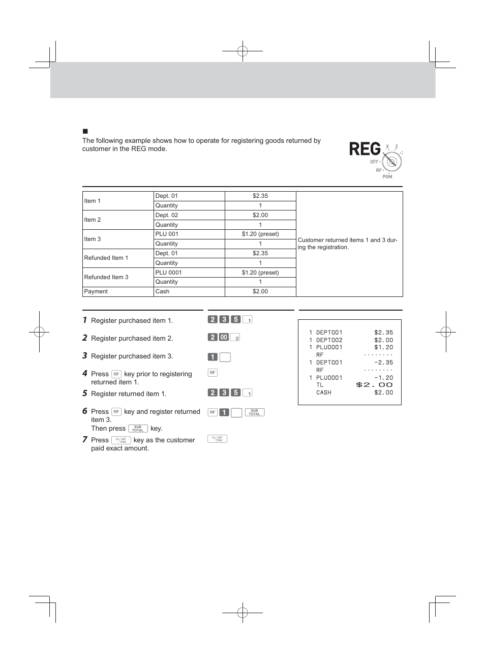 Registering returned goods, Registering returned goods in the reg mode | Casio PCR-T500 User Manual | Page 40 / 102