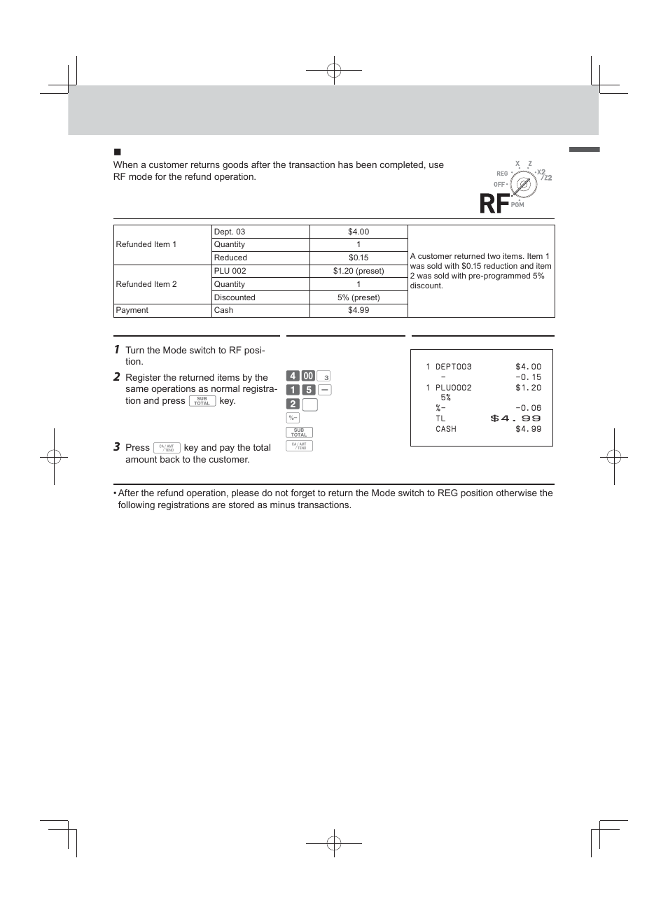 Ba sic func tion, Registering returned goods in the rf mode | Casio PCR-T500 User Manual | Page 41 / 102