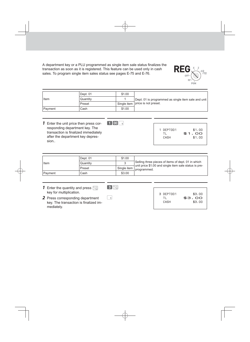 Advanced programmings and registrations, Single item cash sales | Casio PCR-T500 User Manual | Page 52 / 102