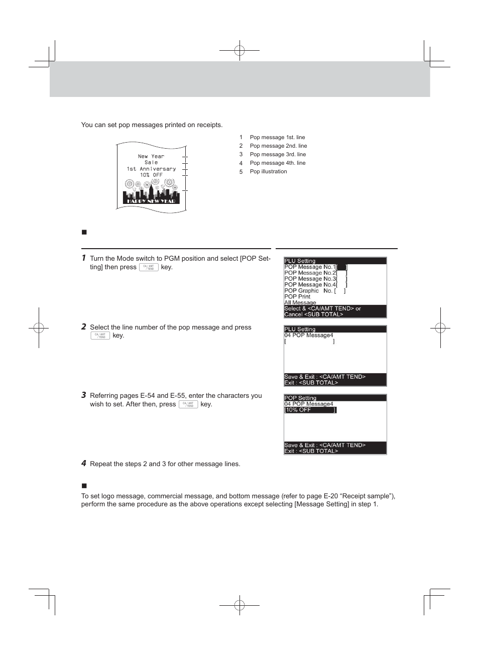 Advanced programmings and registrations, Setting pop messages on receipts | Casio PCR-T500 User Manual | Page 58 / 102