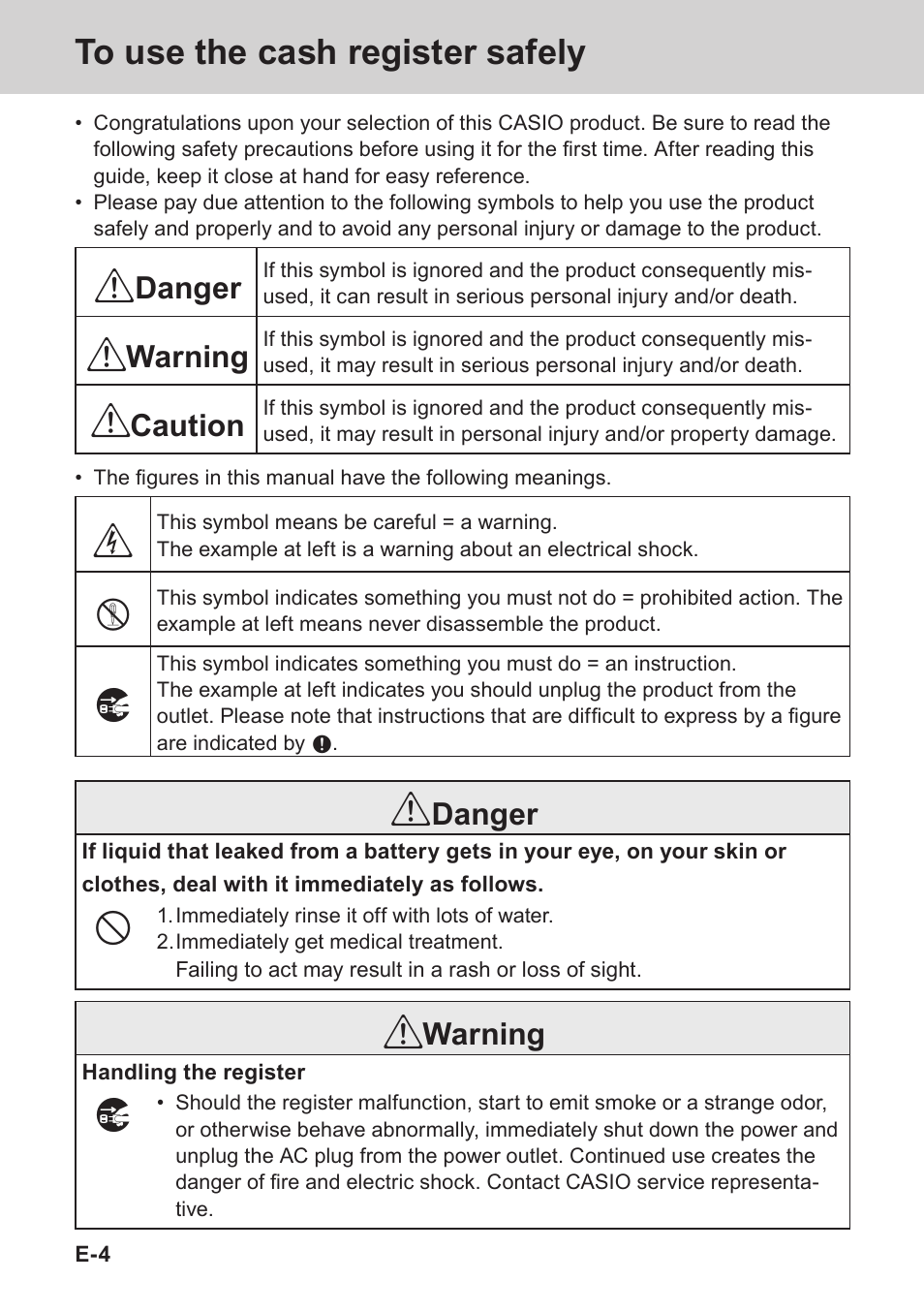 Danger, Warning, Caution | Casio PCR-T273 User Manual | Page 4 / 74