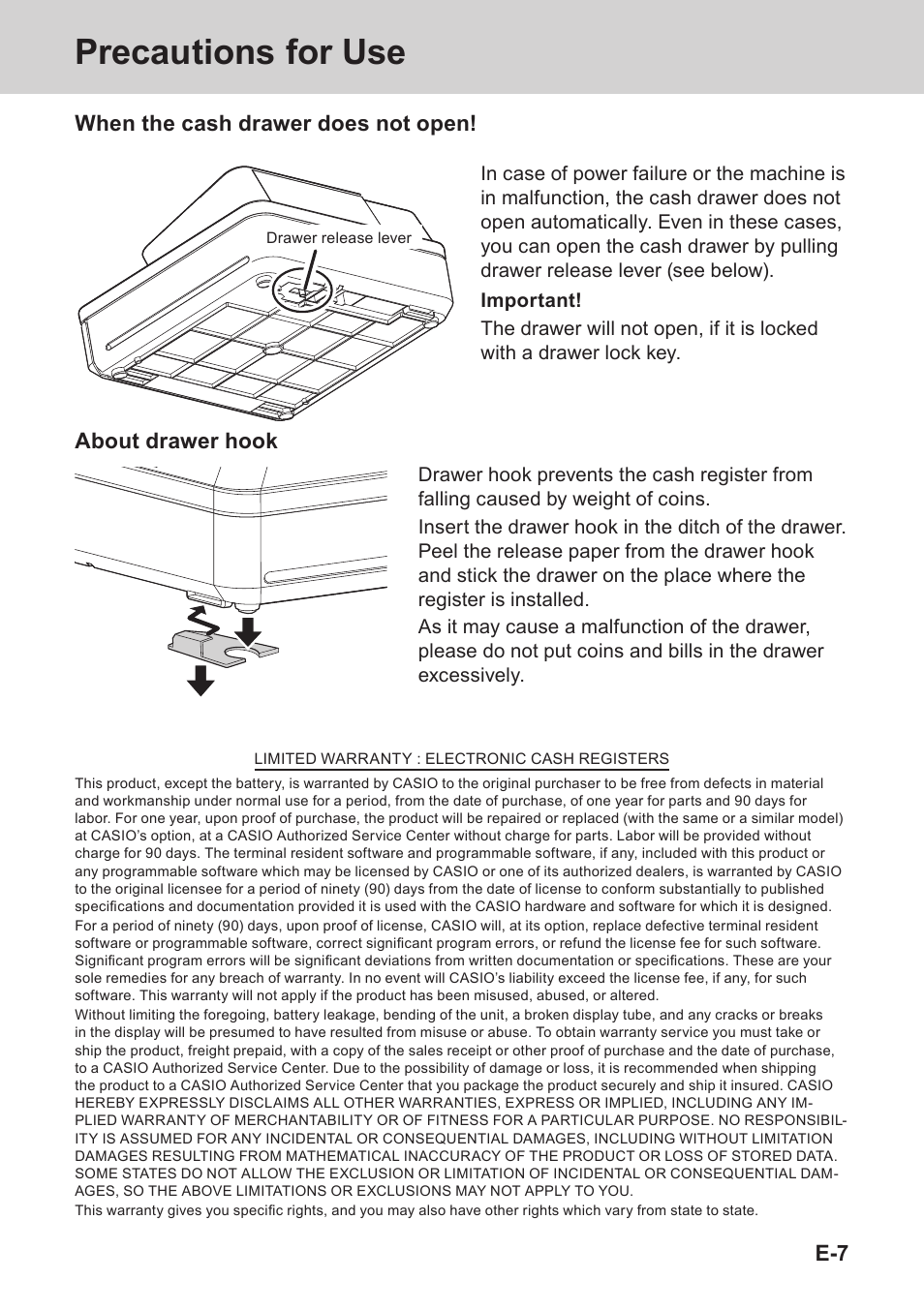 Precautions for use, E-7 when the cash drawer does not open, About drawer hook | Casio PCR-T273 User Manual | Page 7 / 74