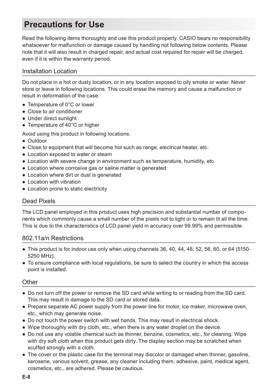 Precautions for use | Casio V-R7000 User Manual | Page 10 / 36