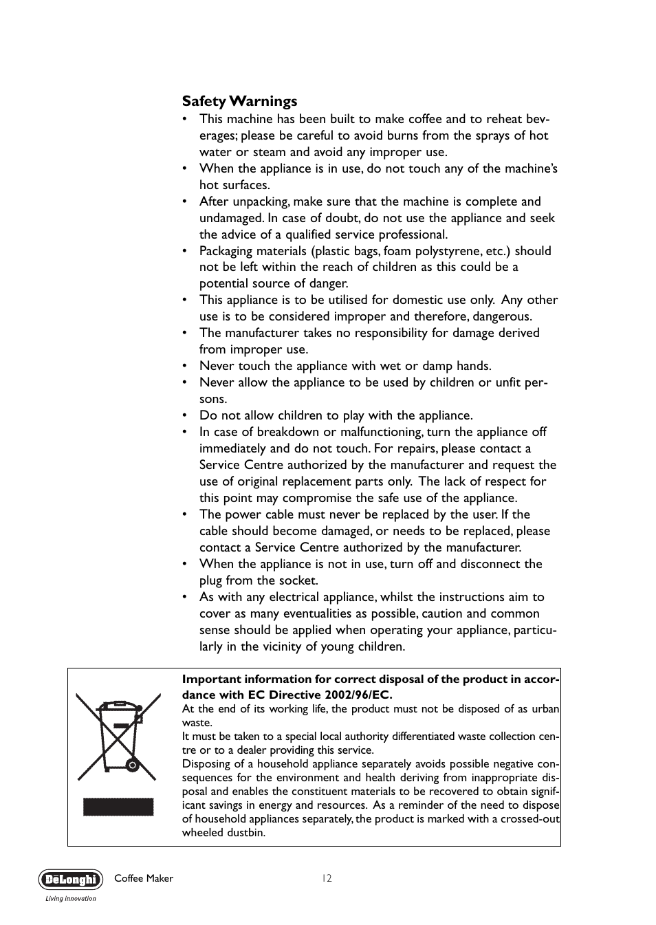 Safety warnings | DeLonghi EC330 User Manual | Page 12 / 14