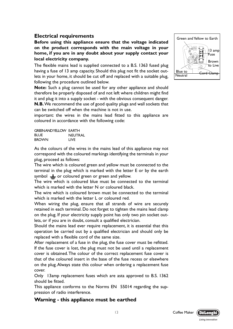 Electrical requirements, Warning - this appliance must be earthed | DeLonghi EC330 User Manual | Page 13 / 14