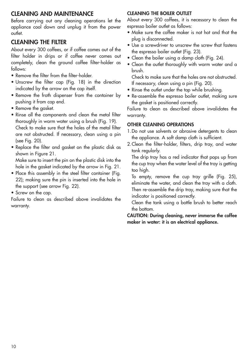 Cleaning and maintenance, Cleaning the filter | DeLonghi EC270 User Manual | Page 10 / 13
