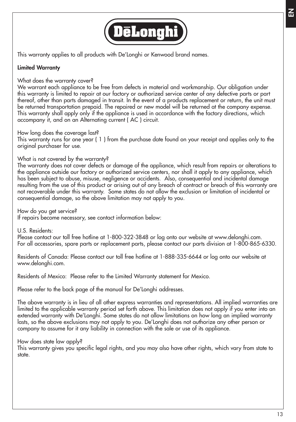 DeLonghi EC270 User Manual | Page 13 / 13