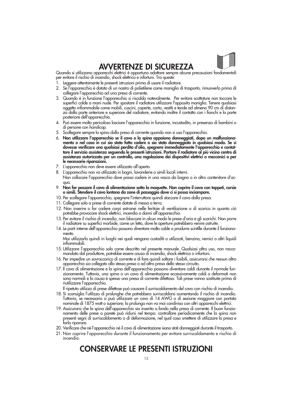 Avvertenze di sicurezza, Conservare le presenti istruzioni | DeLonghi RFH9030 User Manual | Page 13 / 16