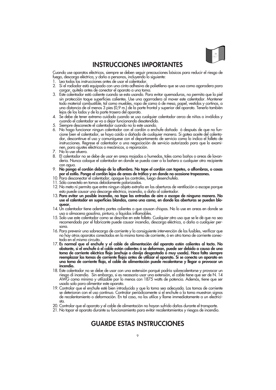 Instrucciones importantes, Guarde estas instrucciones | DeLonghi RFH9030 User Manual | Page 9 / 16