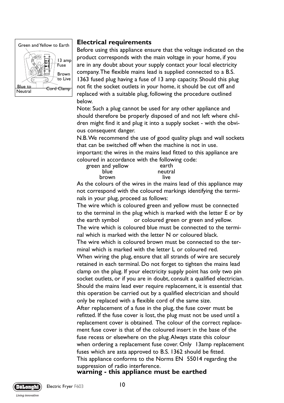 Electrical requirements, Warning - this appliance must be earthed | DeLonghi F603 User Manual | Page 10 / 11