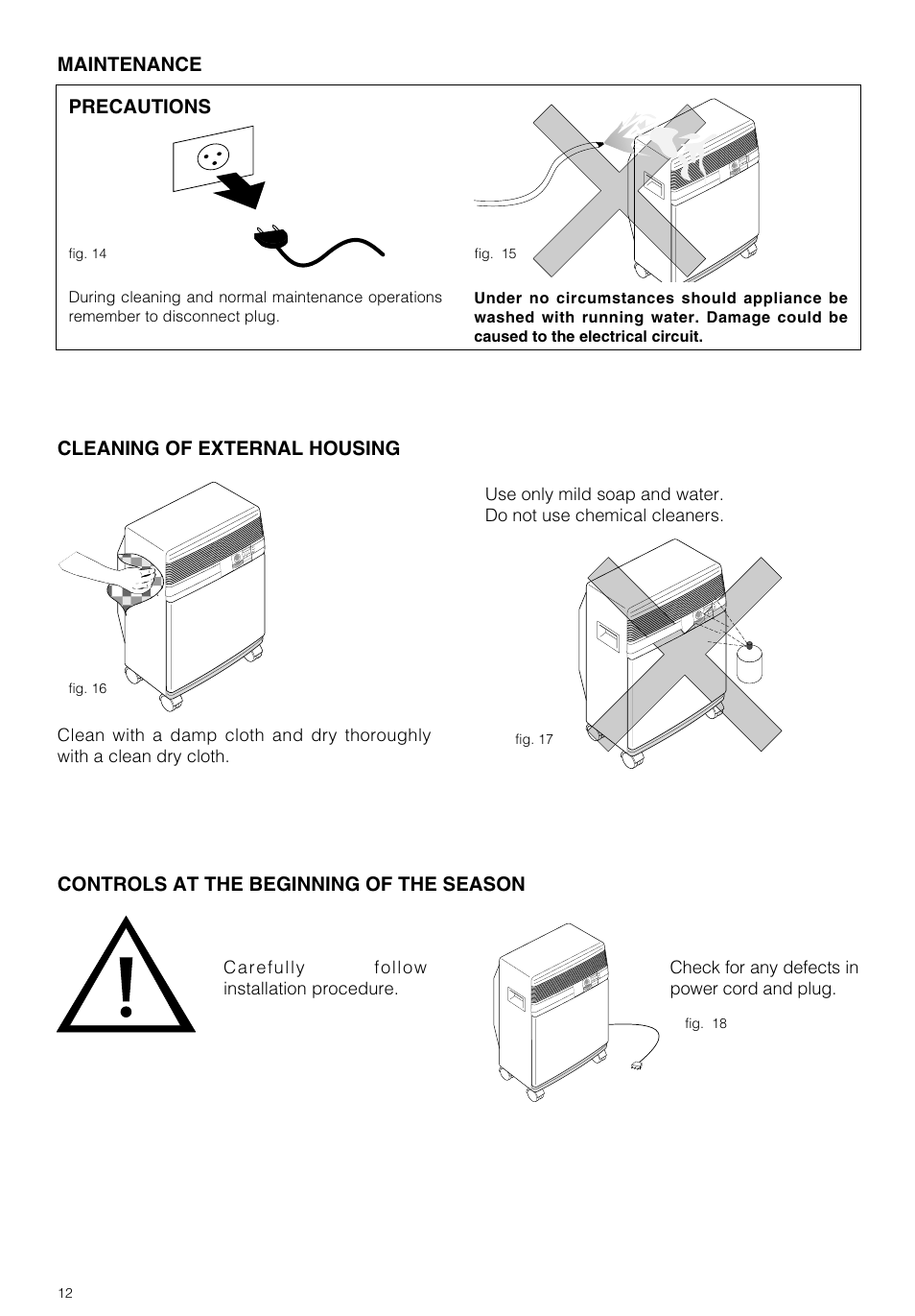 Maintenance precautions, Cleaning of external housing, Controls at the beginning of the season | DeLonghi PAC 210 U User Manual | Page 12 / 17
