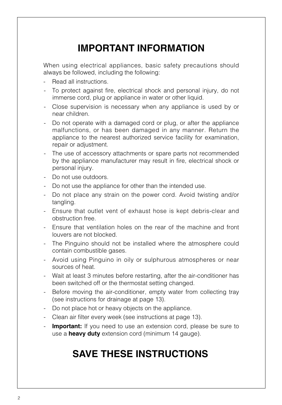 Important information, Save these instructions | DeLonghi PAC 210 U User Manual | Page 2 / 17