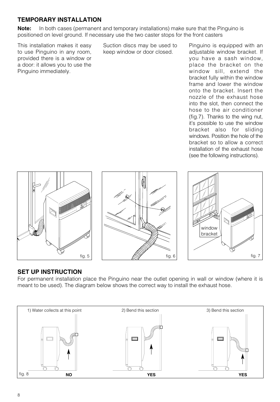 Temporary installation, Set up instruction | DeLonghi PAC 210 U User Manual | Page 8 / 17