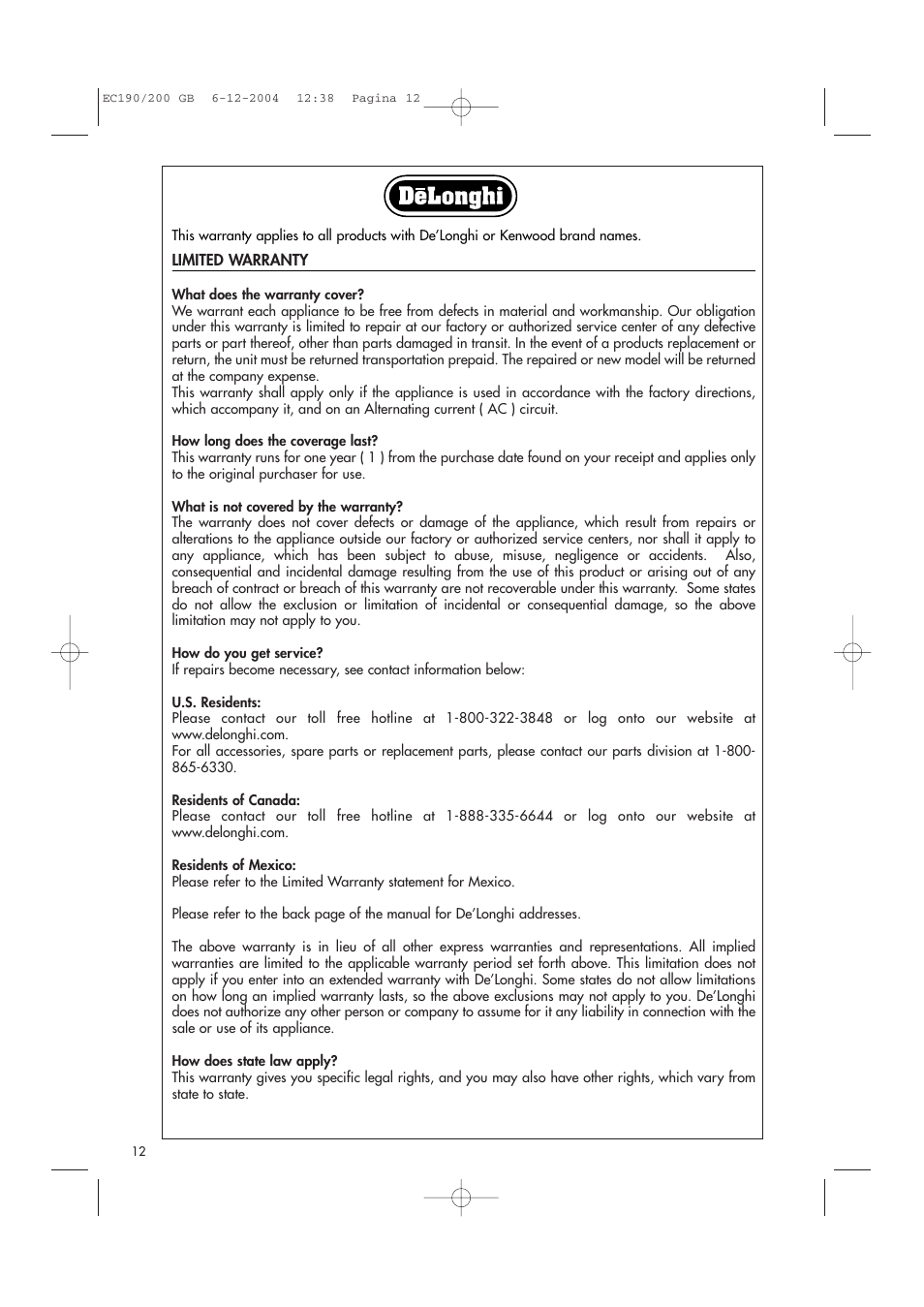 DeLonghi BAR 32 User Manual | Page 12 / 12