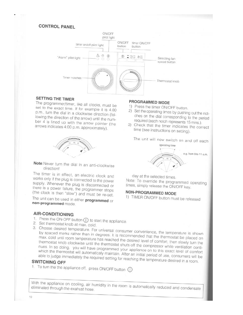 Control panel, Setting the timer, Programmed mode | Non-programmed mode, Air-conditioning, Switching off | DeLonghi PAC 02 User Manual | Page 10 / 14