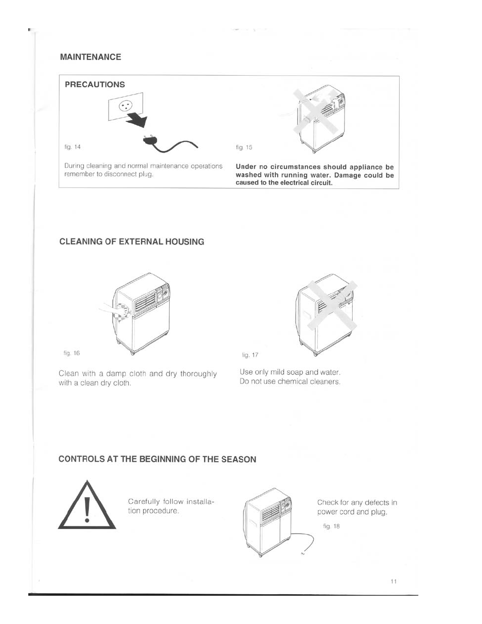 Cleaning of external housing, Controls at the beginning of the season | DeLonghi PAC 02 User Manual | Page 11 / 14