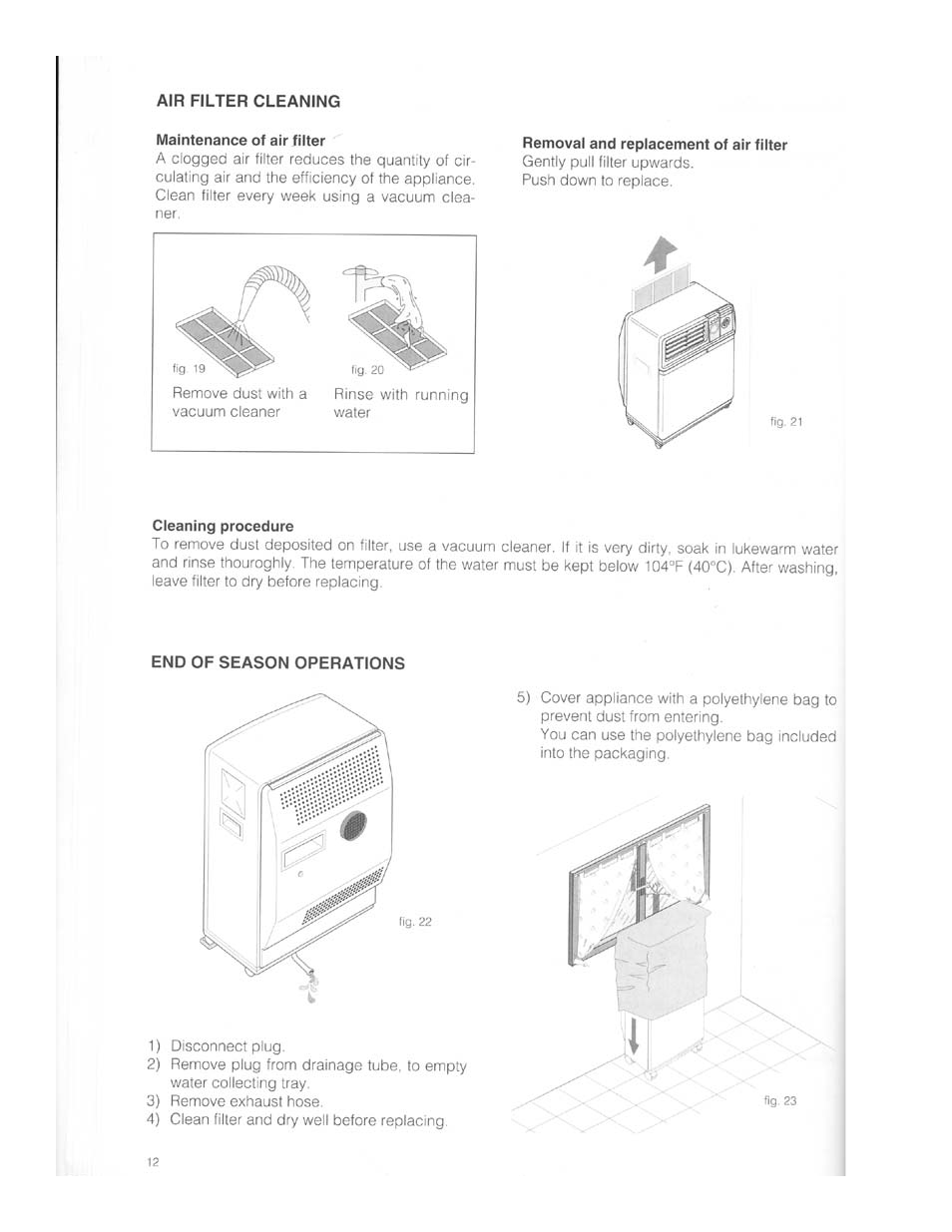 Air filter cleaning, Maintenance of air filter, Cleaning procedure | End of season operations | DeLonghi PAC 02 User Manual | Page 12 / 14