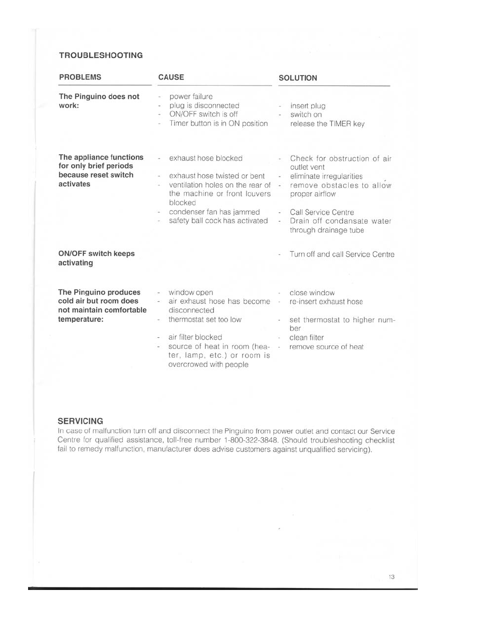 Troubleshooting, Problems, On/off switch keeps activating | Servicjng | DeLonghi PAC 02 User Manual | Page 13 / 14