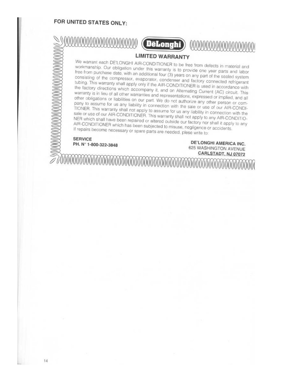 For united states only, Limited warranty | DeLonghi PAC 02 User Manual | Page 14 / 14