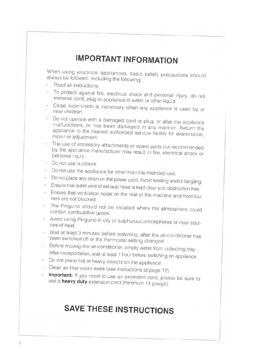 Important information, Save these instructions | DeLonghi PAC 02 User Manual | Page 2 / 14