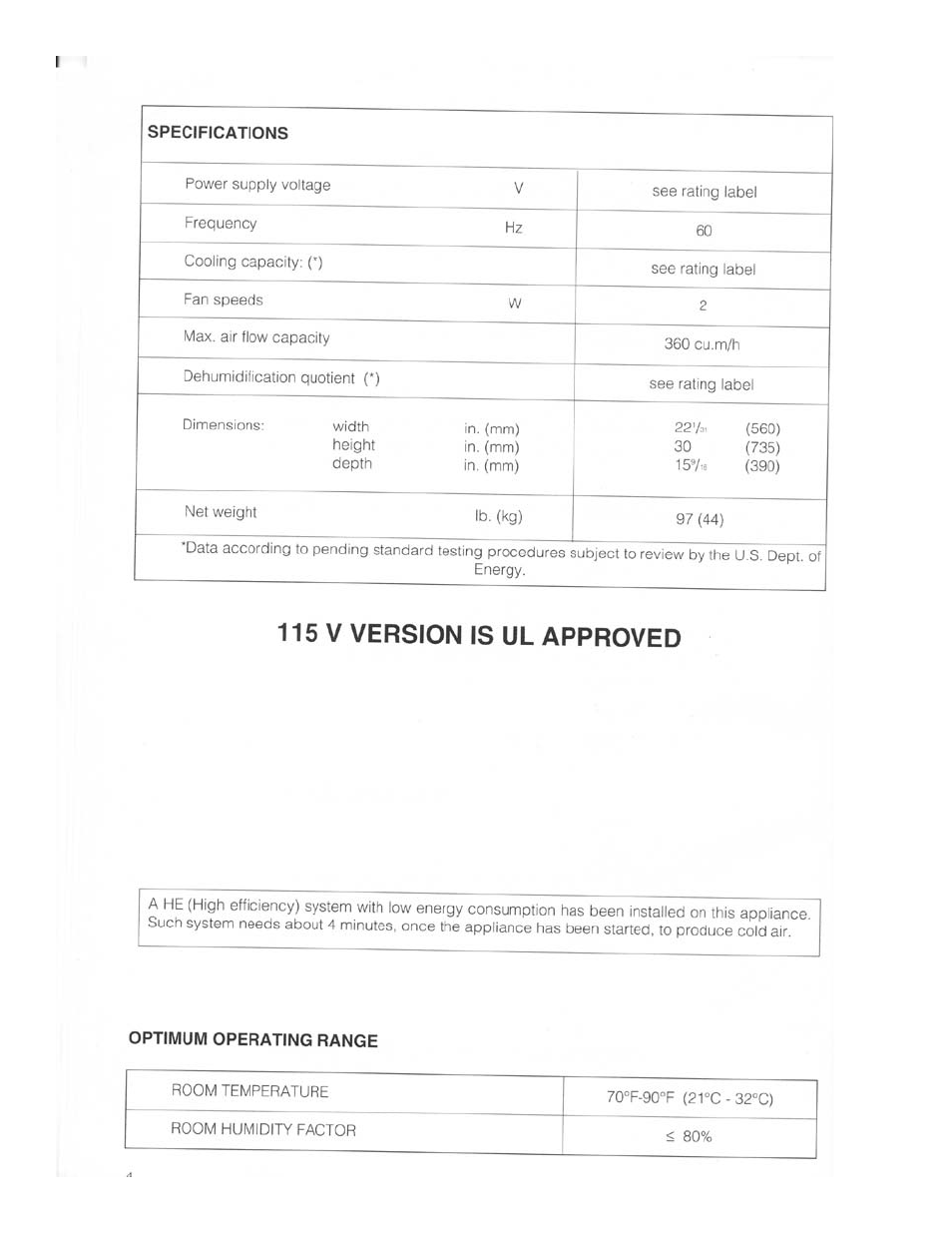 115 v version is ul approved | DeLonghi PAC 02 User Manual | Page 4 / 14