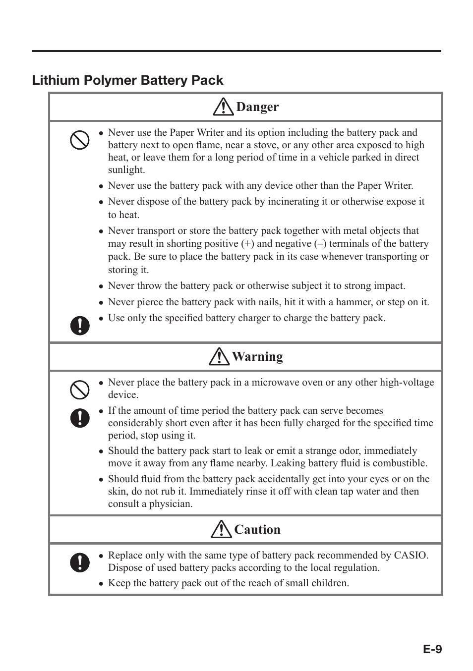 Lithium polymer battery pack danger, Warning, Caution | Casio V-N500 User Manual | Page 11 / 246
