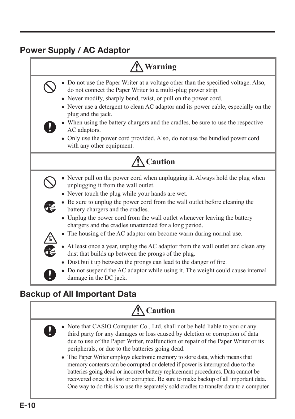 Power supply / ac adaptor warning, Caution, Backup of all important data caution | Casio V-N500 User Manual | Page 12 / 246