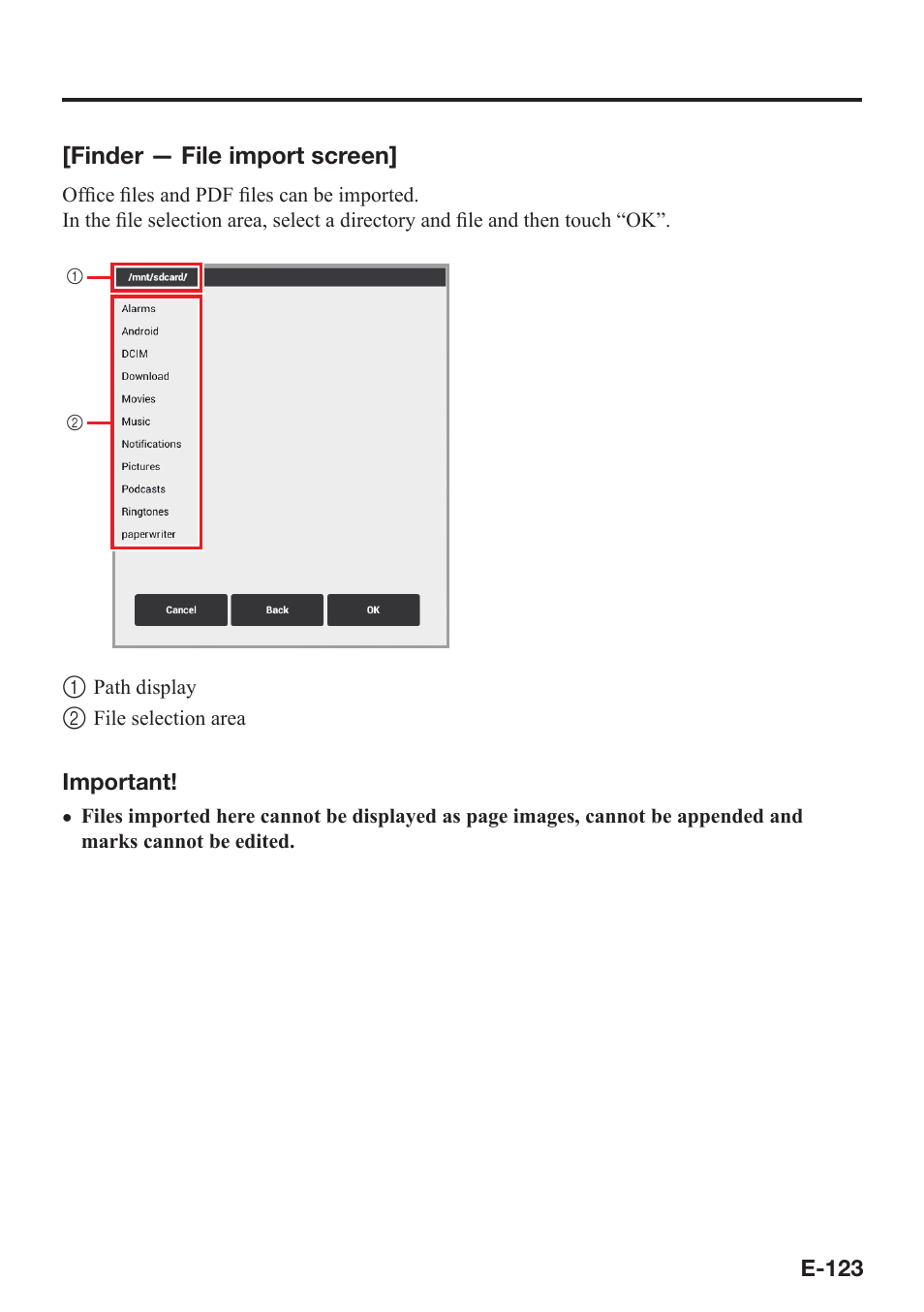 Finder — file import screen | Casio V-N500 User Manual | Page 125 / 246