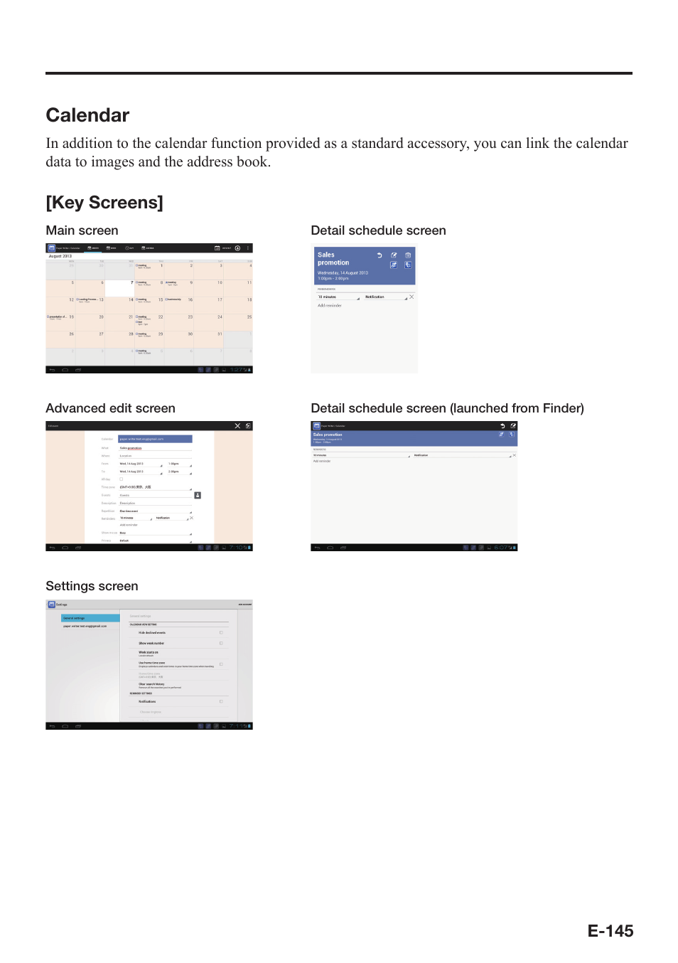 Calendar, Key screens | Casio V-N500 User Manual | Page 147 / 246
