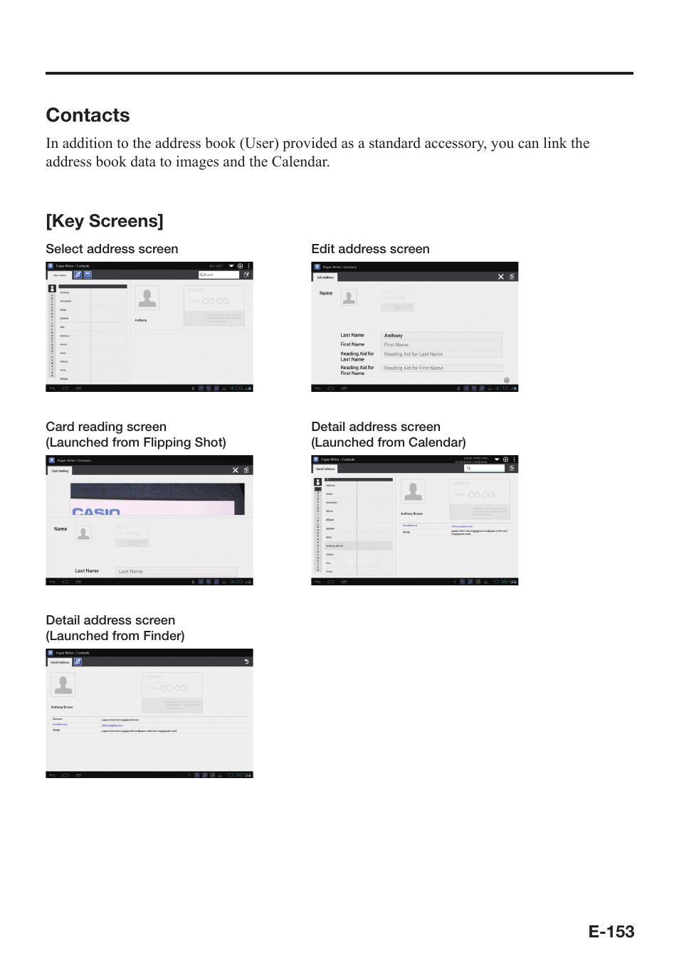 Contacts, Key screens | Casio V-N500 User Manual | Page 155 / 246