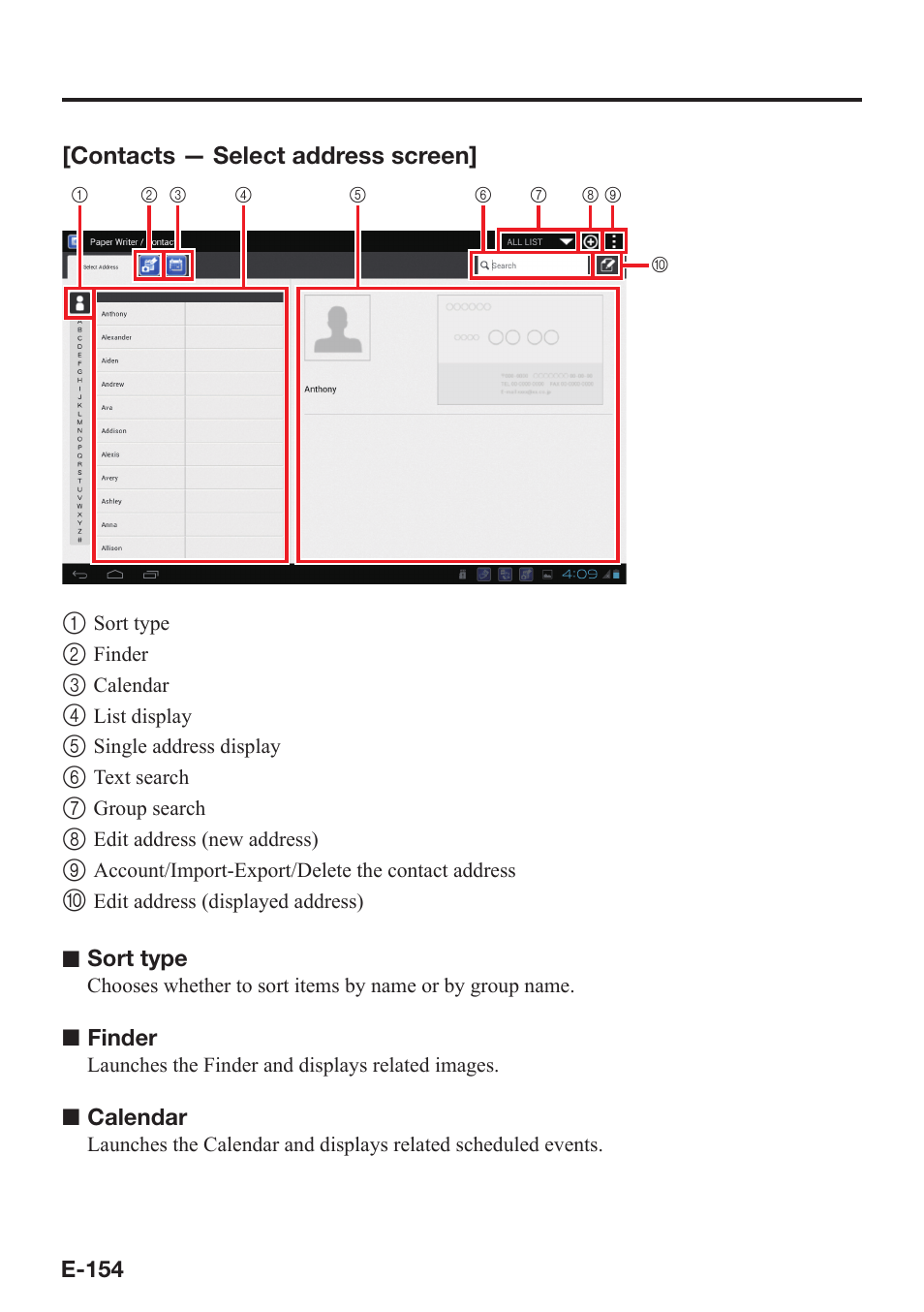 Contacts — select address screen | Casio V-N500 User Manual | Page 156 / 246