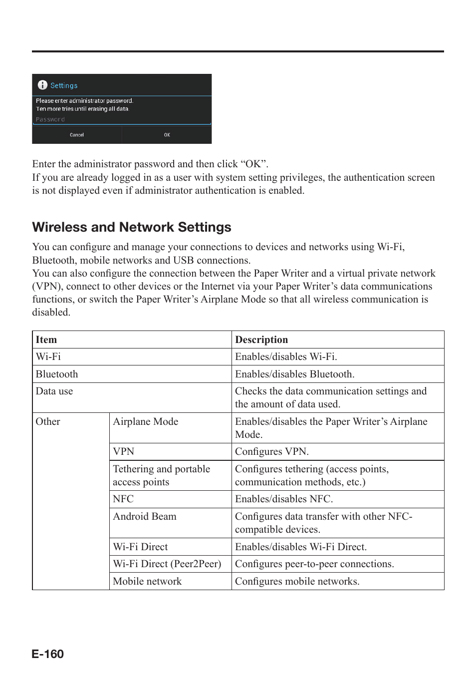 Wireless and network settings | Casio V-N500 User Manual | Page 162 / 246