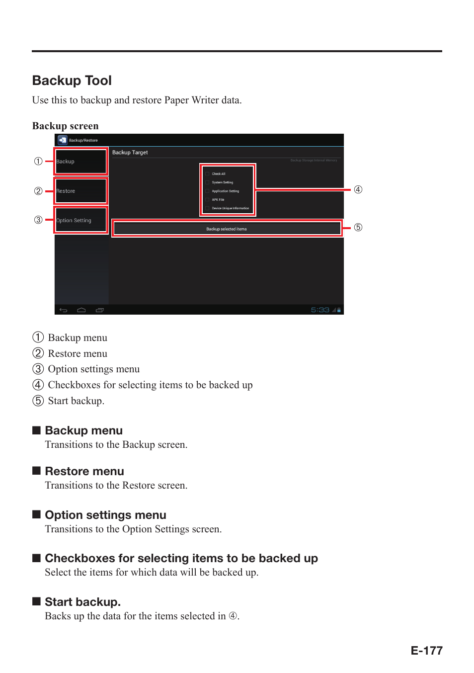 Backup tool | Casio V-N500 User Manual | Page 179 / 246