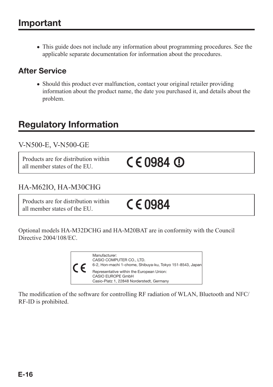 Important, Regulatory information | Casio V-N500 User Manual | Page 18 / 246