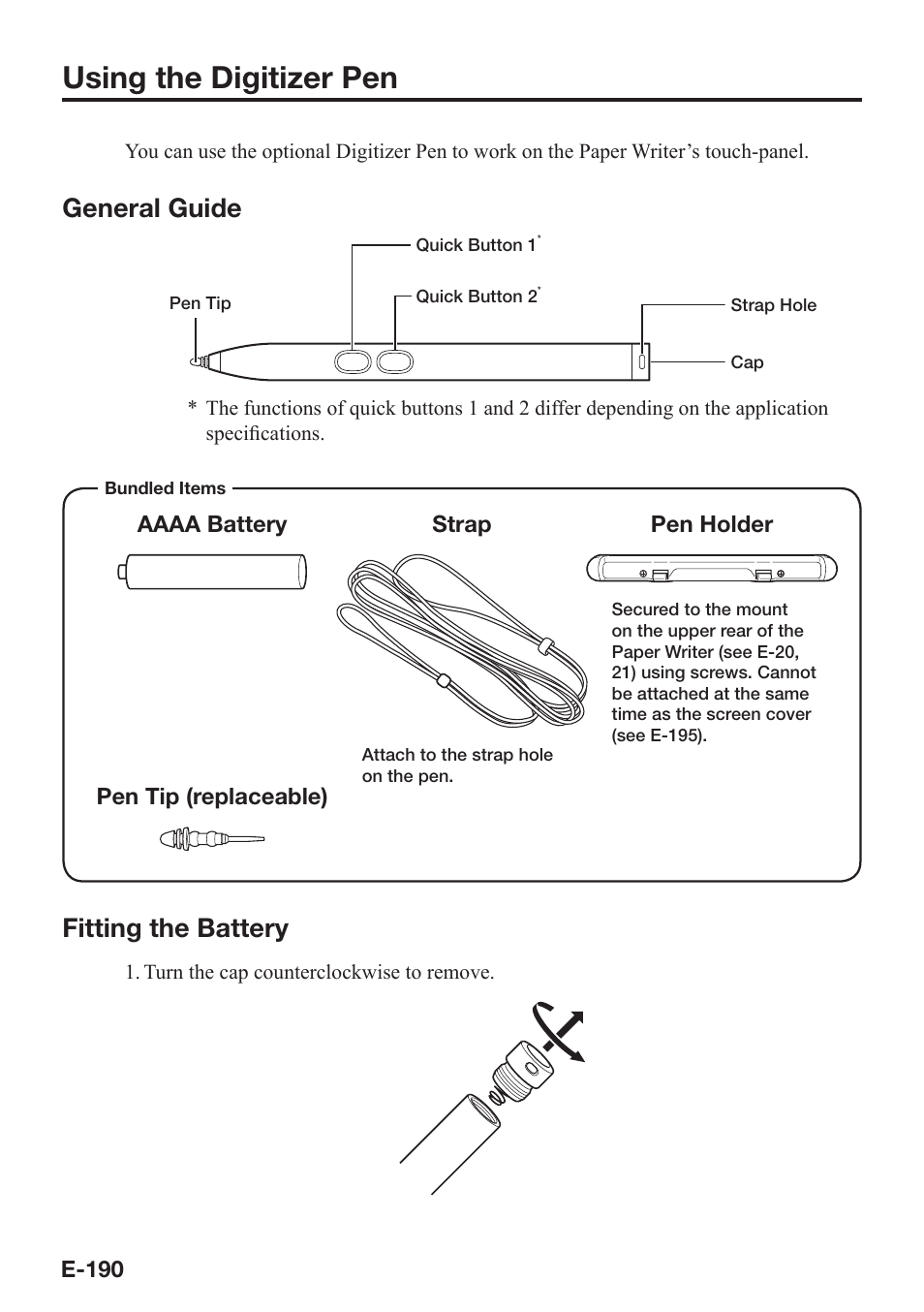 Using the digitizer pen, General guide, Fitting the battery | Casio V-N500 User Manual | Page 192 / 246