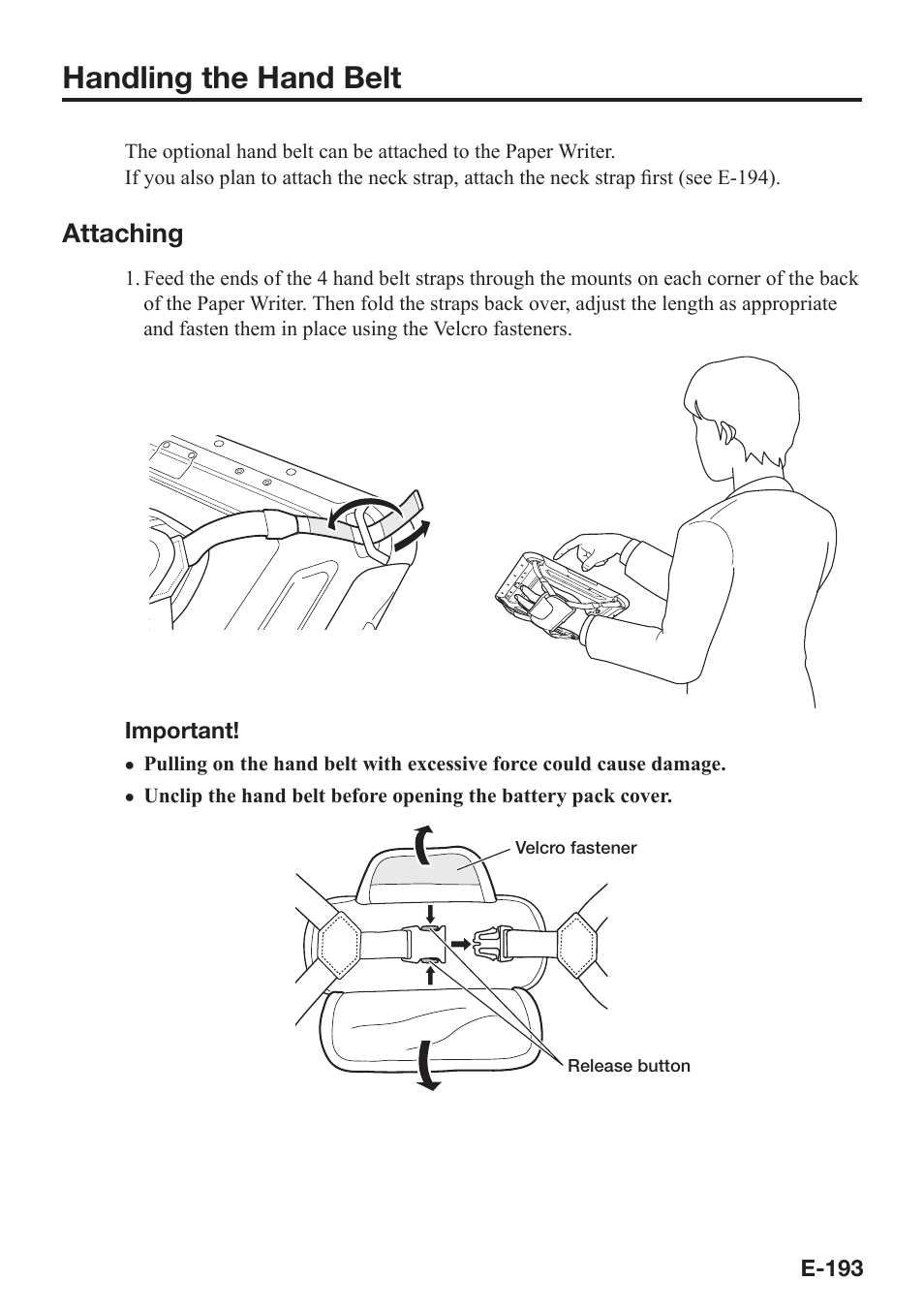 Handling the hand belt, Attaching | Casio V-N500 User Manual | Page 195 / 246