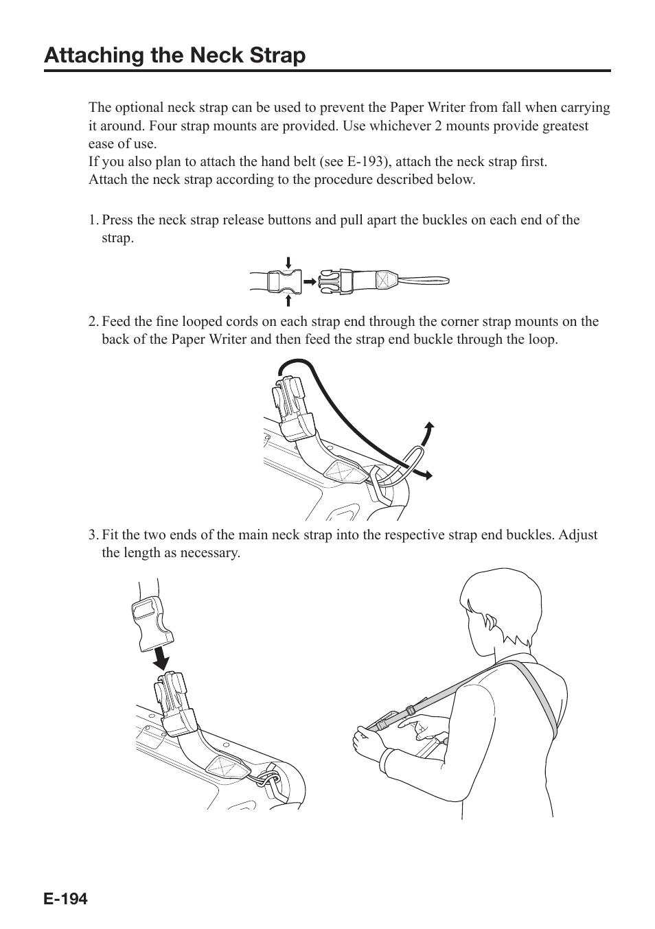Attaching the neck strap | Casio V-N500 User Manual | Page 196 / 246