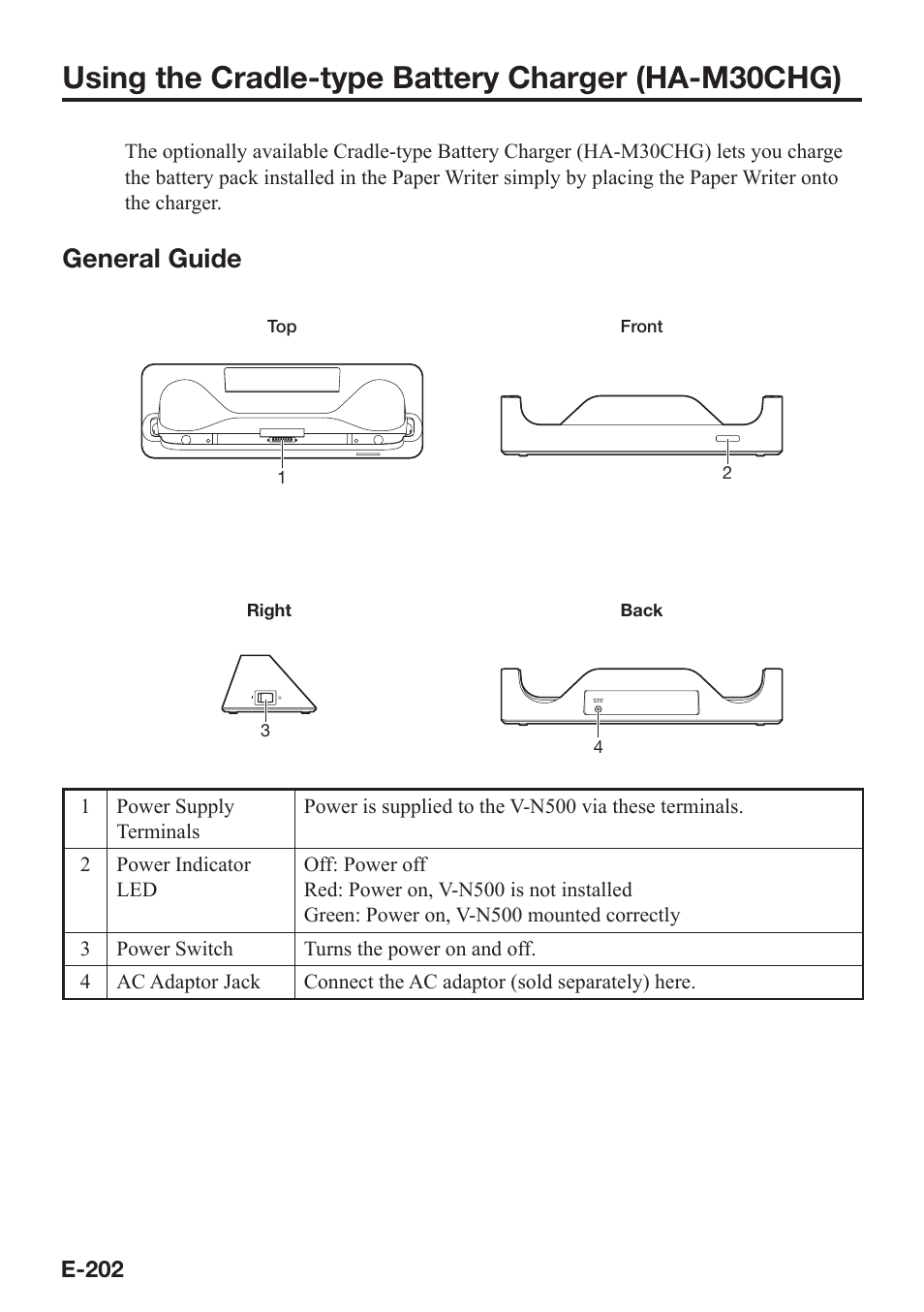 Using the cradle-type battery charger (ha-m30chg), General guide | Casio V-N500 User Manual | Page 204 / 246