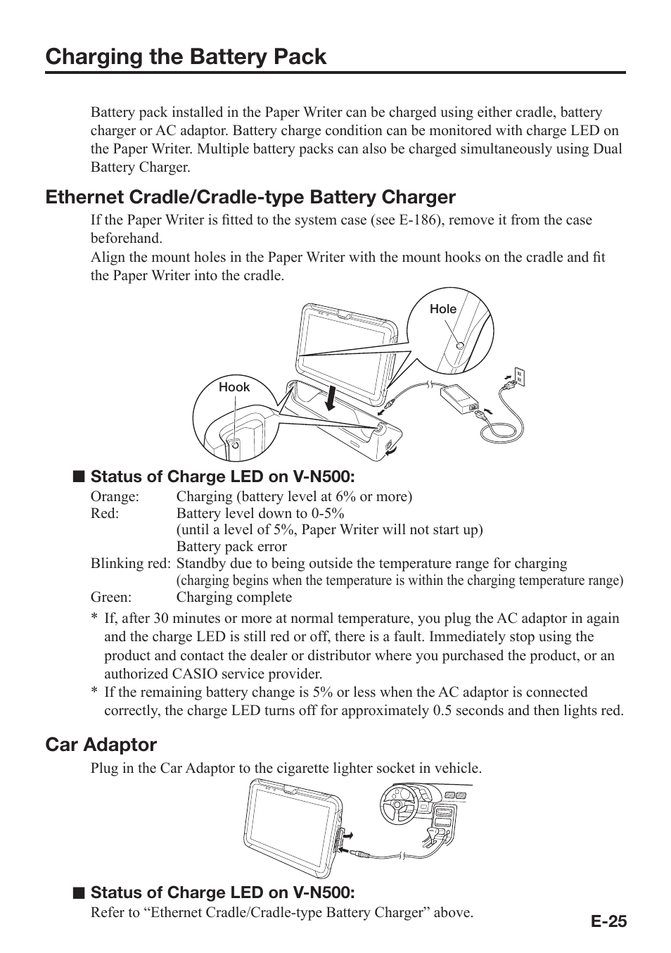 Charging the battery pack, Ethernet cradle/cradle-type battery charger, Car adaptor | Casio V-N500 User Manual | Page 27 / 246