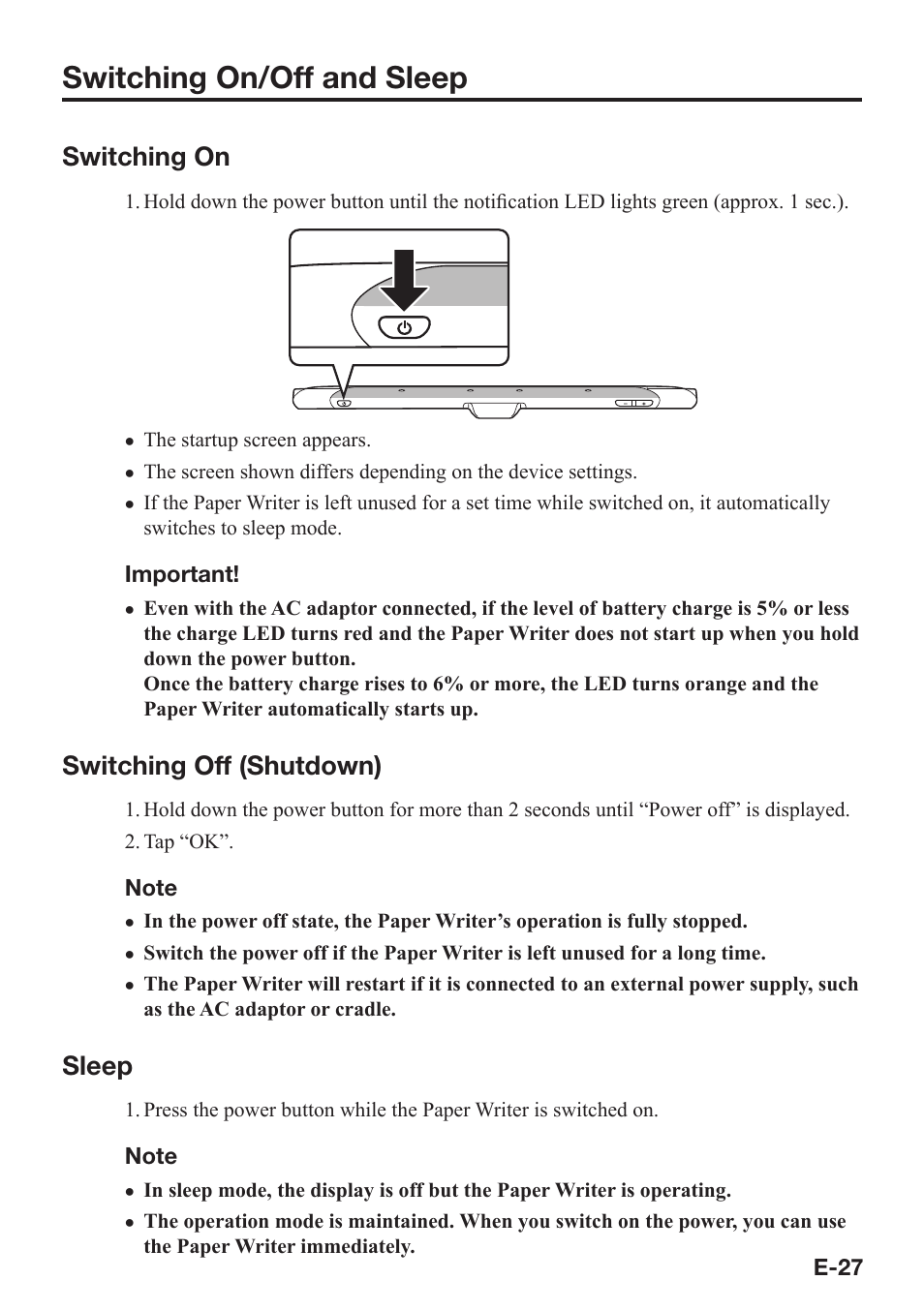 Switching on/off and sleep, Switching on, Switching off (shutdown) | Sleep | Casio V-N500 User Manual | Page 29 / 246