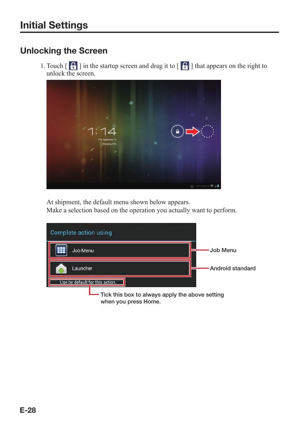 Initial settings, Unlocking the screen | Casio V-N500 User Manual | Page 30 / 246