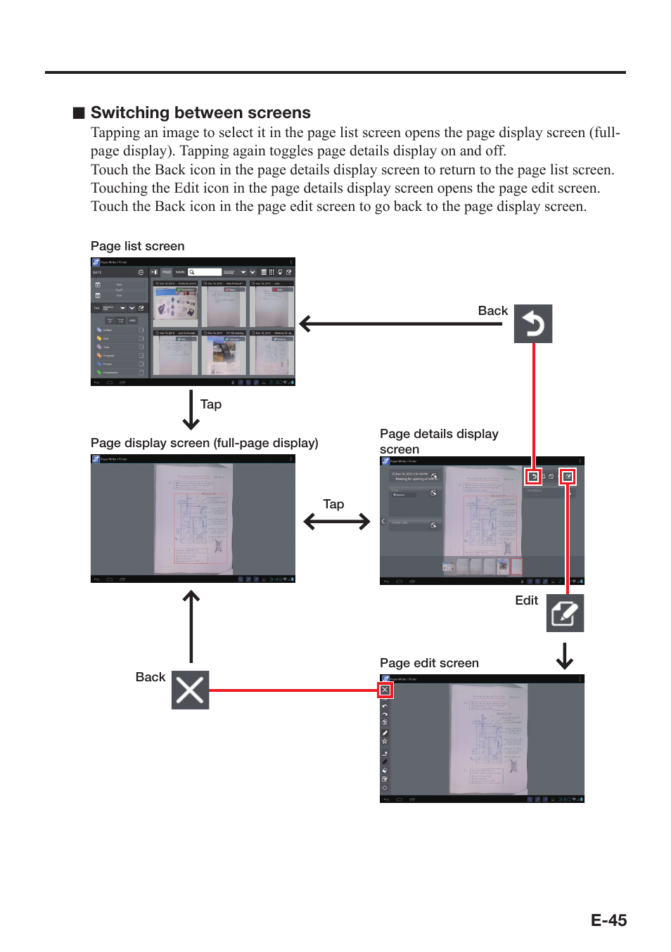 E-45 switching between screens | Casio V-N500 User Manual | Page 47 / 246