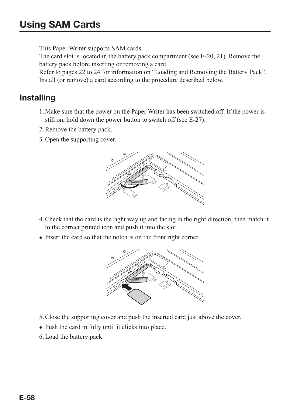 Using sam cards, Installing | Casio V-N500 User Manual | Page 60 / 246