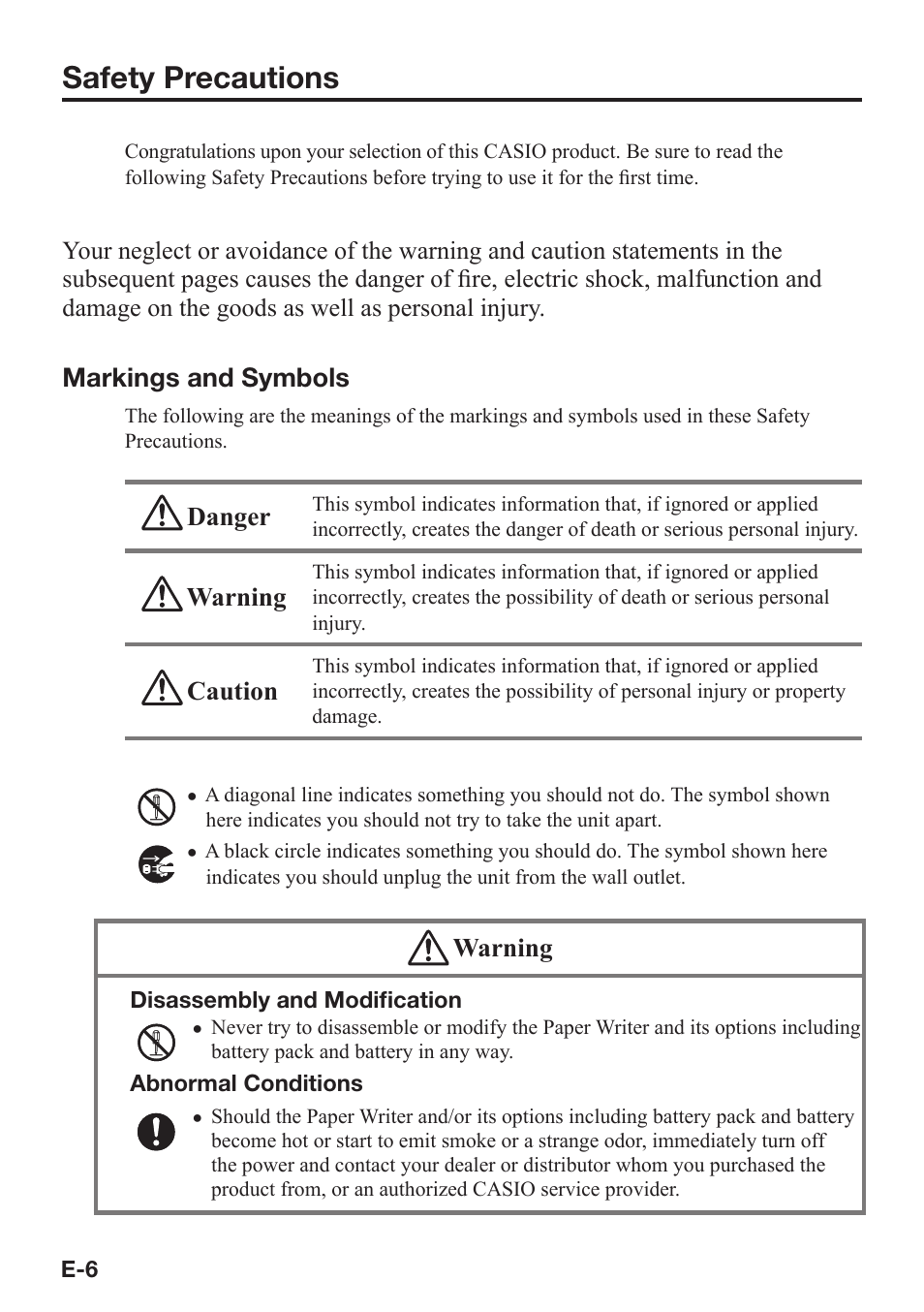 Safety precautions, Markings and symbols, Danger | Warning, Caution | Casio V-N500 User Manual | Page 8 / 246