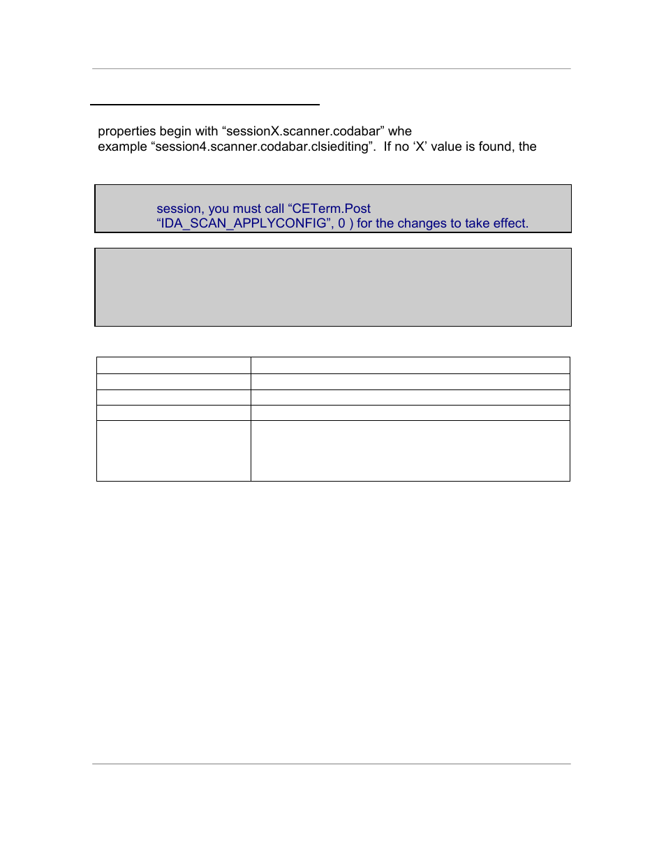 Codabar symbology properties, Last property level description | Casio Naurtech CETerm Ver.5.5 Scripting Guide User Manual | Page 135 / 164