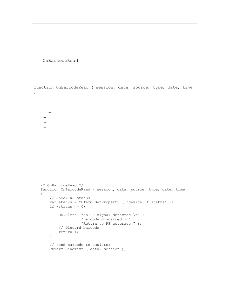 1 the onbarcoderead event, Syntax, Example | Casio Naurtech CETerm Ver.5.5 Scripting Guide User Manual | Page 83 / 164
