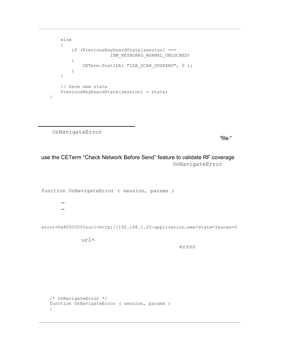 5 the onnavigateerror event, Syntax, Example for windows ce 5.0 devices | Casio Naurtech CETerm Ver.5.5 Scripting Guide User Manual | Page 87 / 164